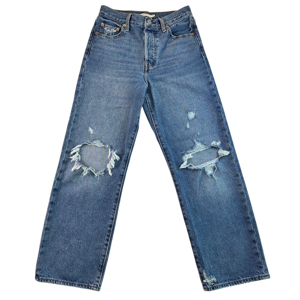 Levis Ribcage Straight Ankle Jeans 26 x 27 Distressed High Rise Blue 72693-0180